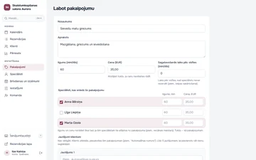 Pakalpojuma iestatījumi: Katram pakalpojumam savi nosacījumi.